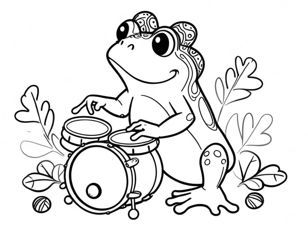 Frog Playing Drums Coloring Page