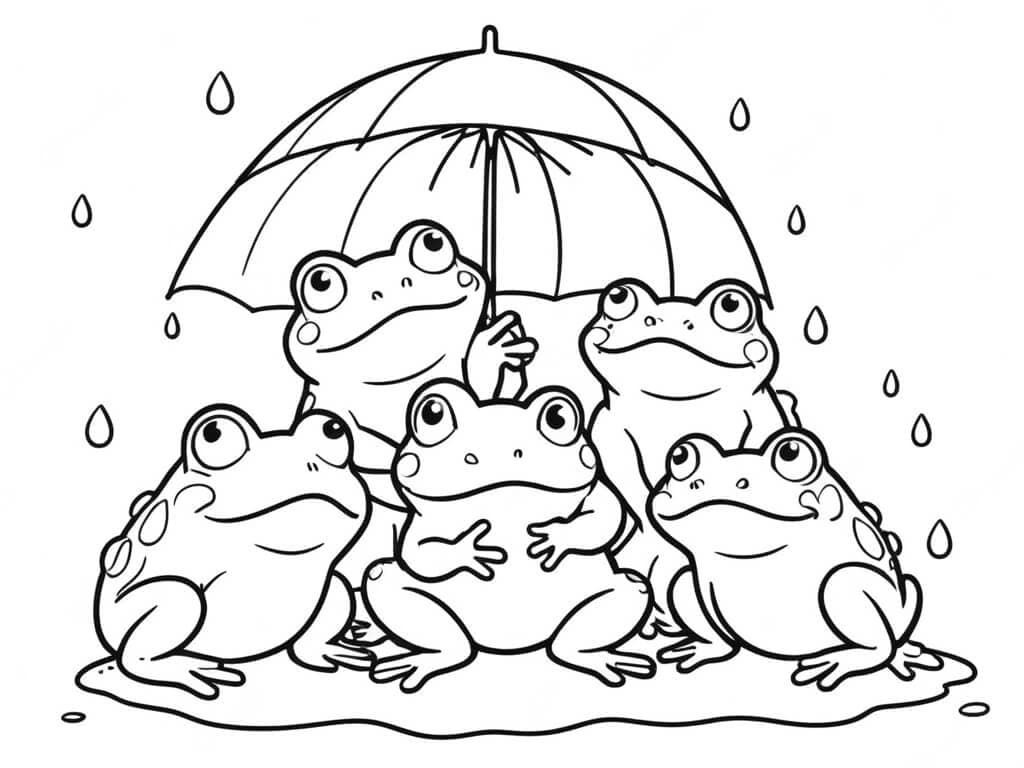 Frogs Sheltering in the Rain Coloring Page