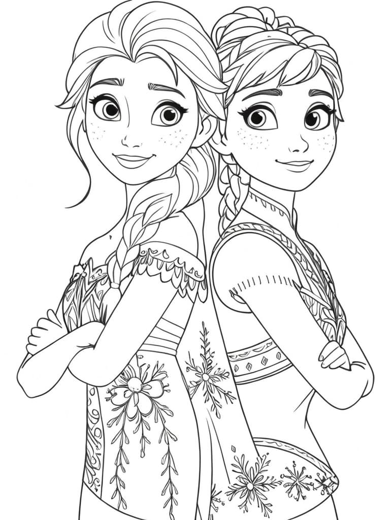 Elsa and Anna in Winter Forest Coloring Page