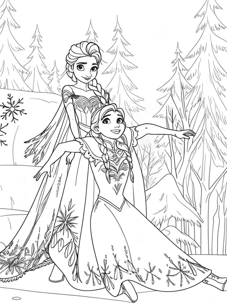 Elsa and Anna Together Coloring Page