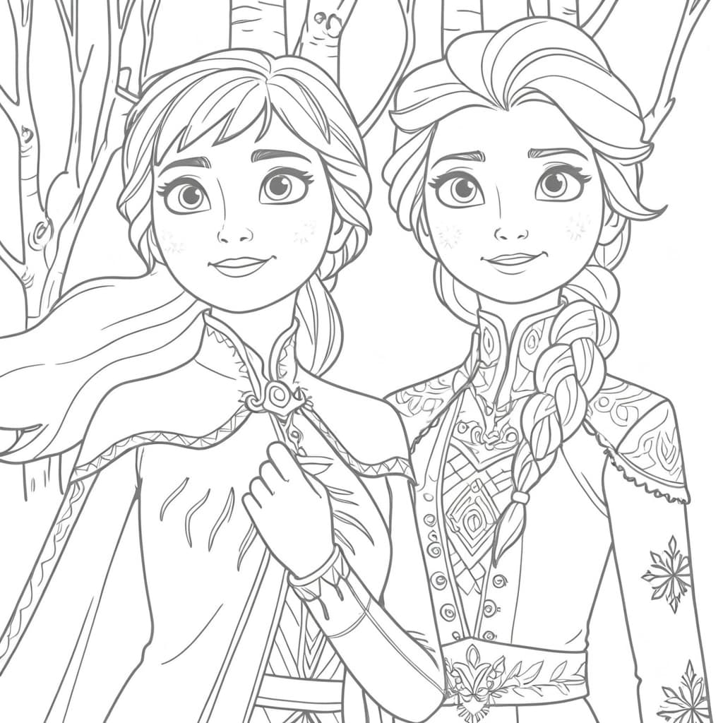 Elsa and Anna Winter Scene Coloring Page