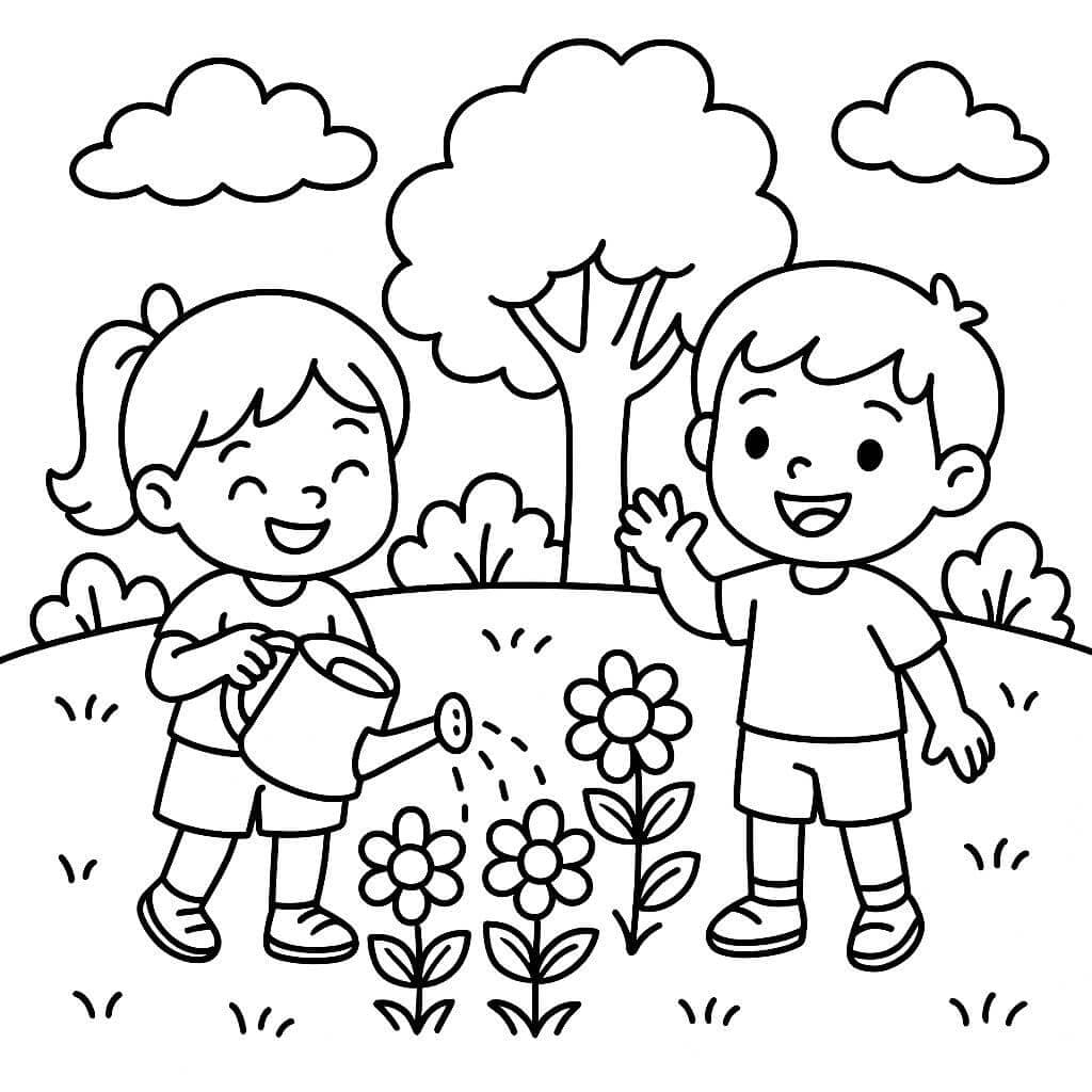 Children Watering the Garden Coloring Page