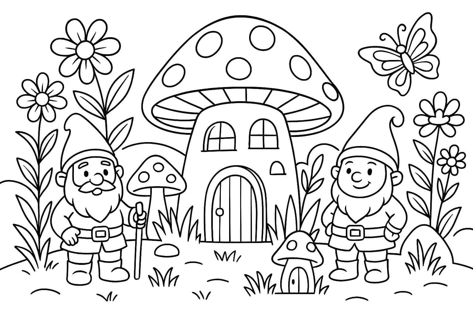Enchanted Garden with Gnomes Coloring Page