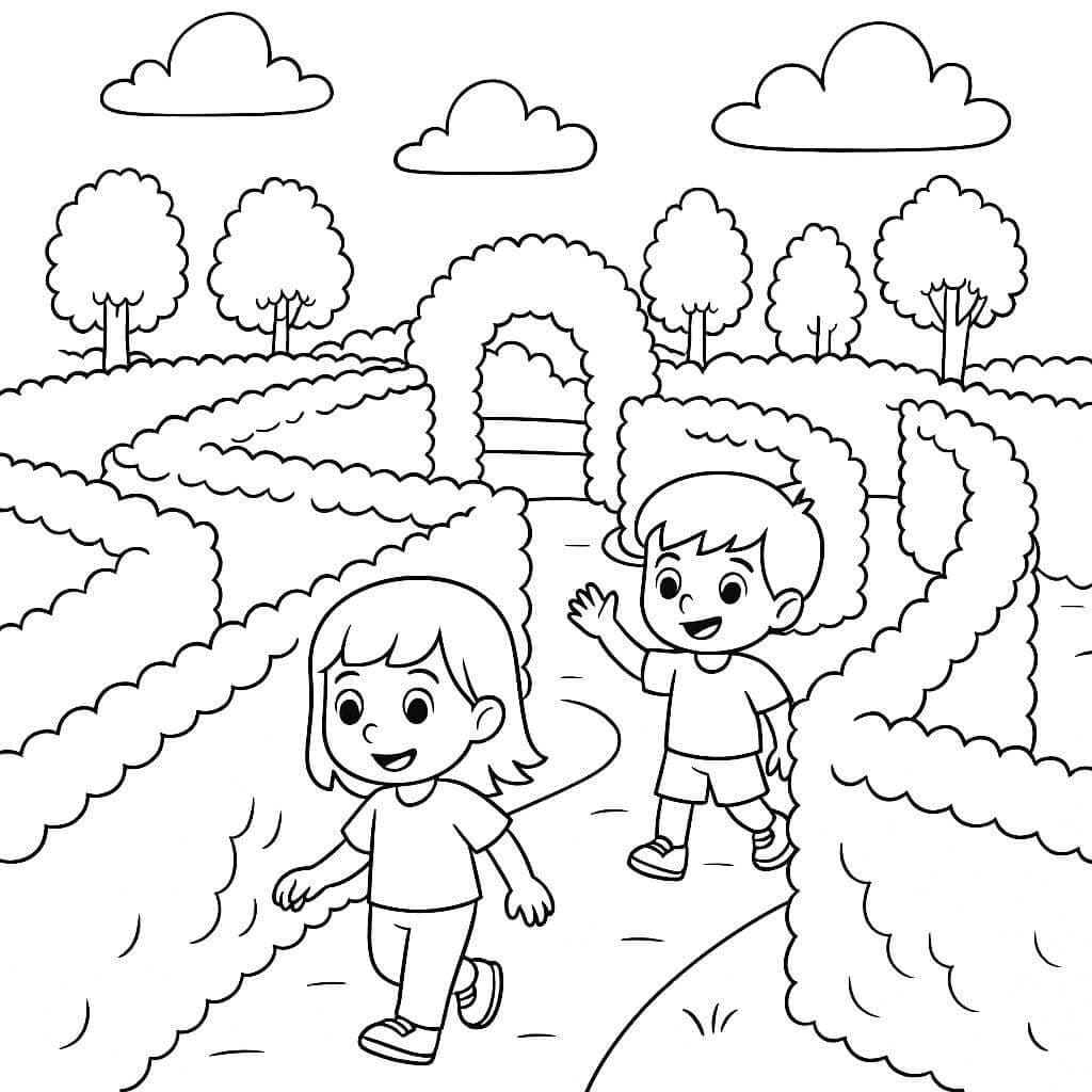 Garden Maze with Children Coloring Page