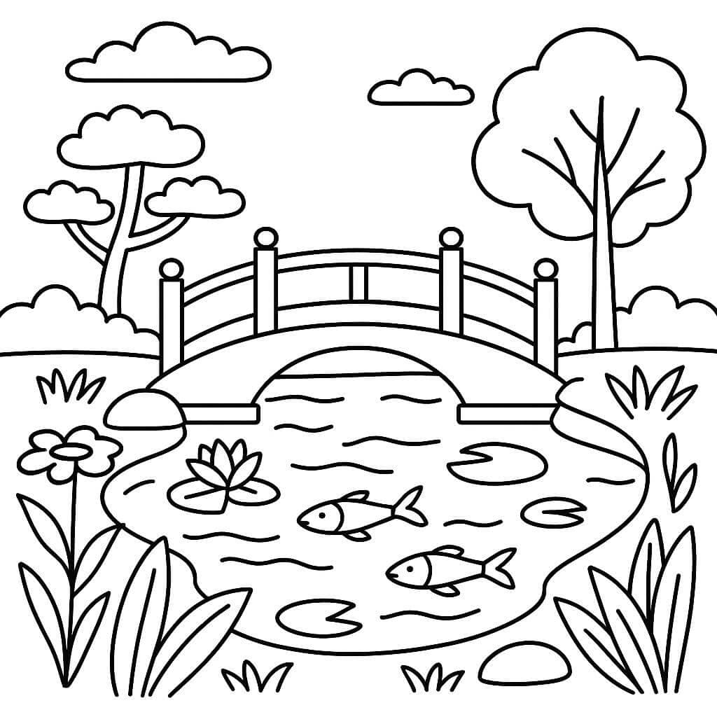 Garden with Bridge and Fish Coloring Page