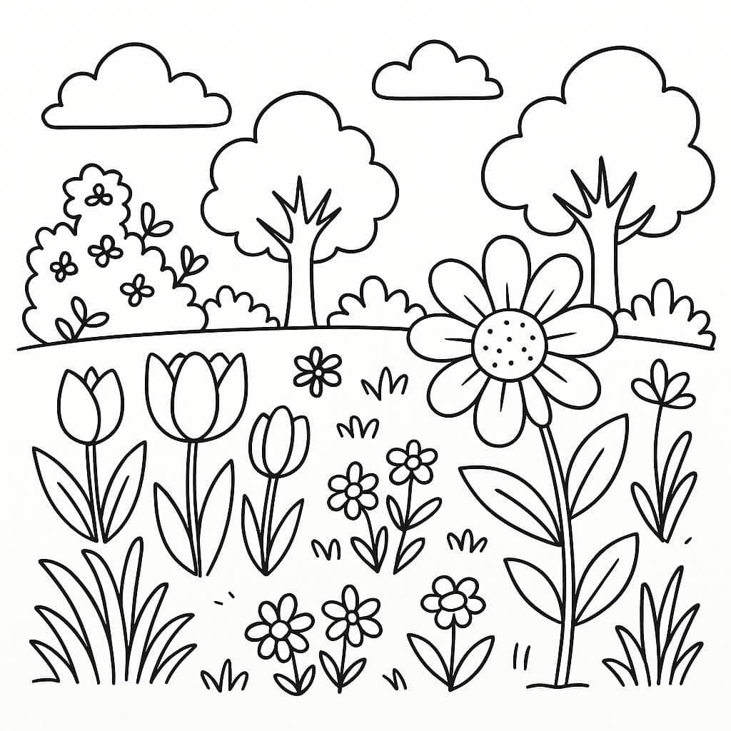 Garden with Flowers and Trees Coloring Page
