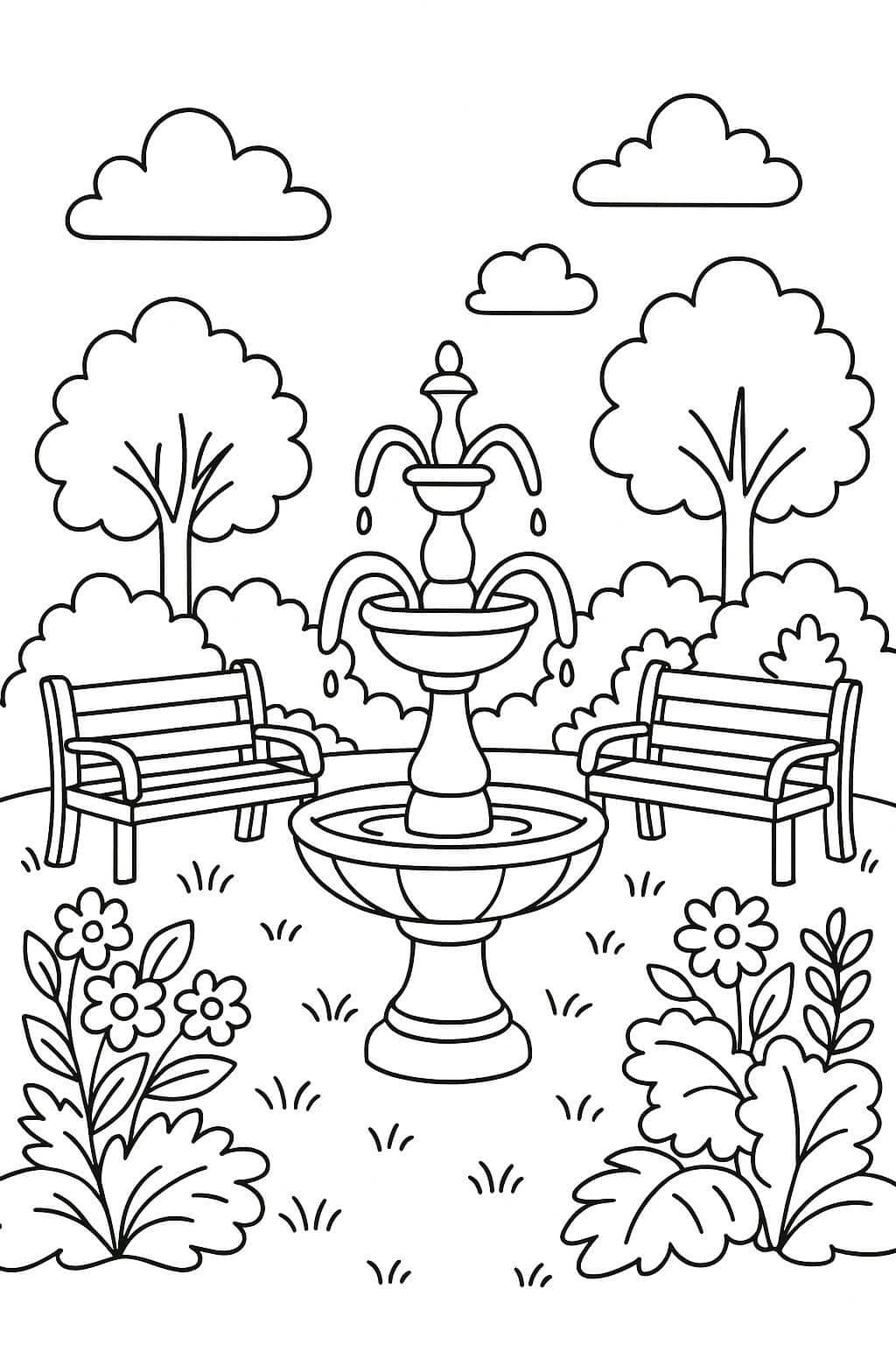 Garden with Fountain and Benches Coloring Page
