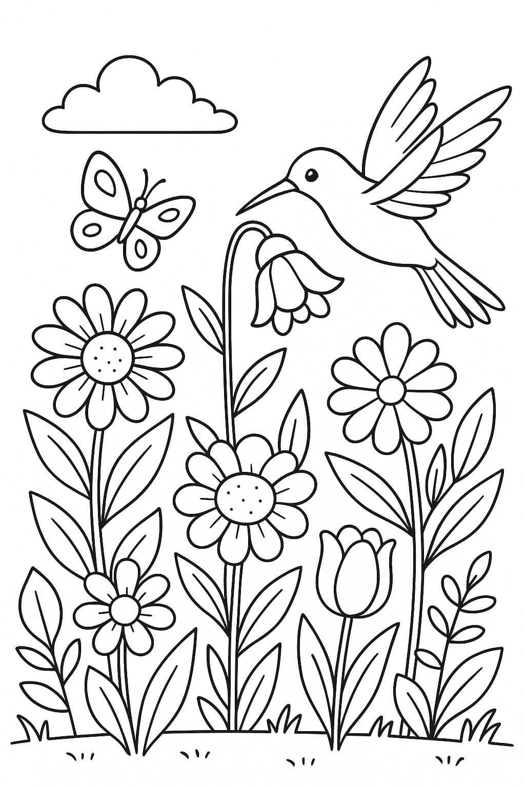 Garden with Hummingbird and Butterfly Coloring Page