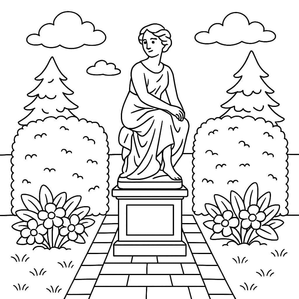 Garden with Statue and Hedges Coloring Page