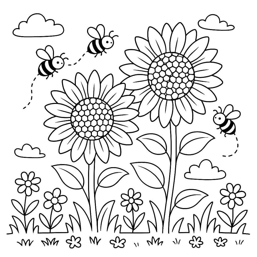 Sunflowers and Bees Coloring Page