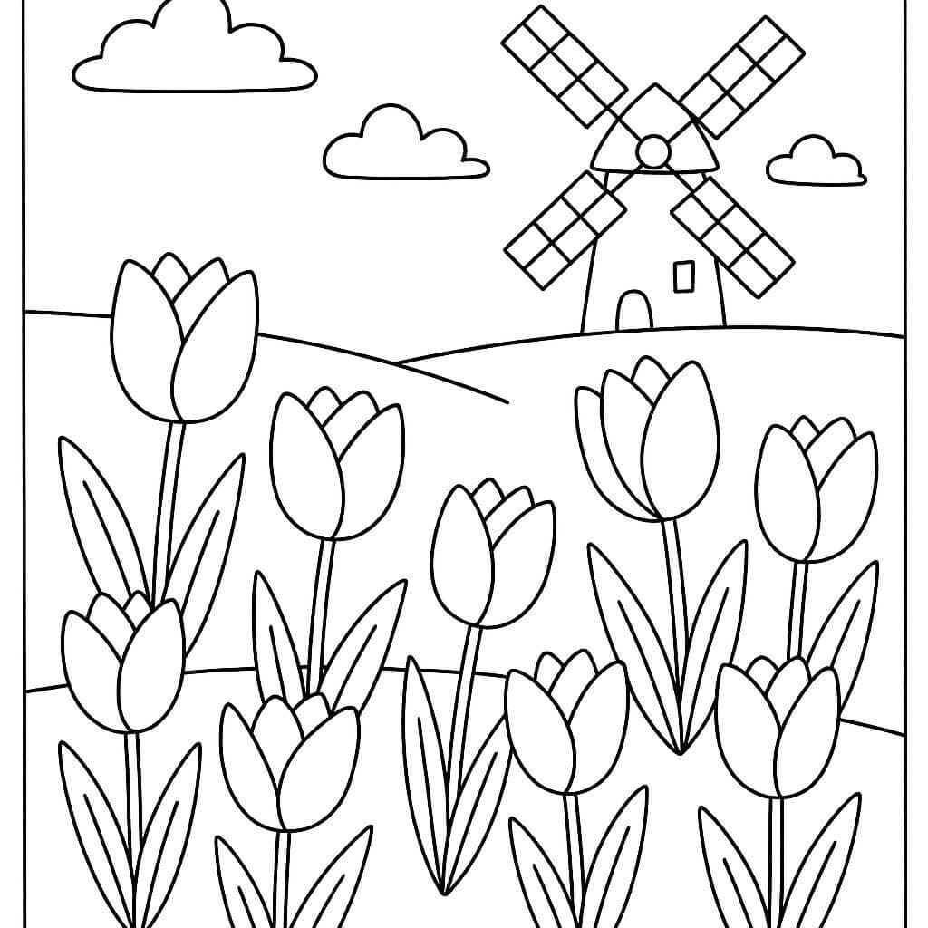 Garden with Tulips and Windmill Coloring Page