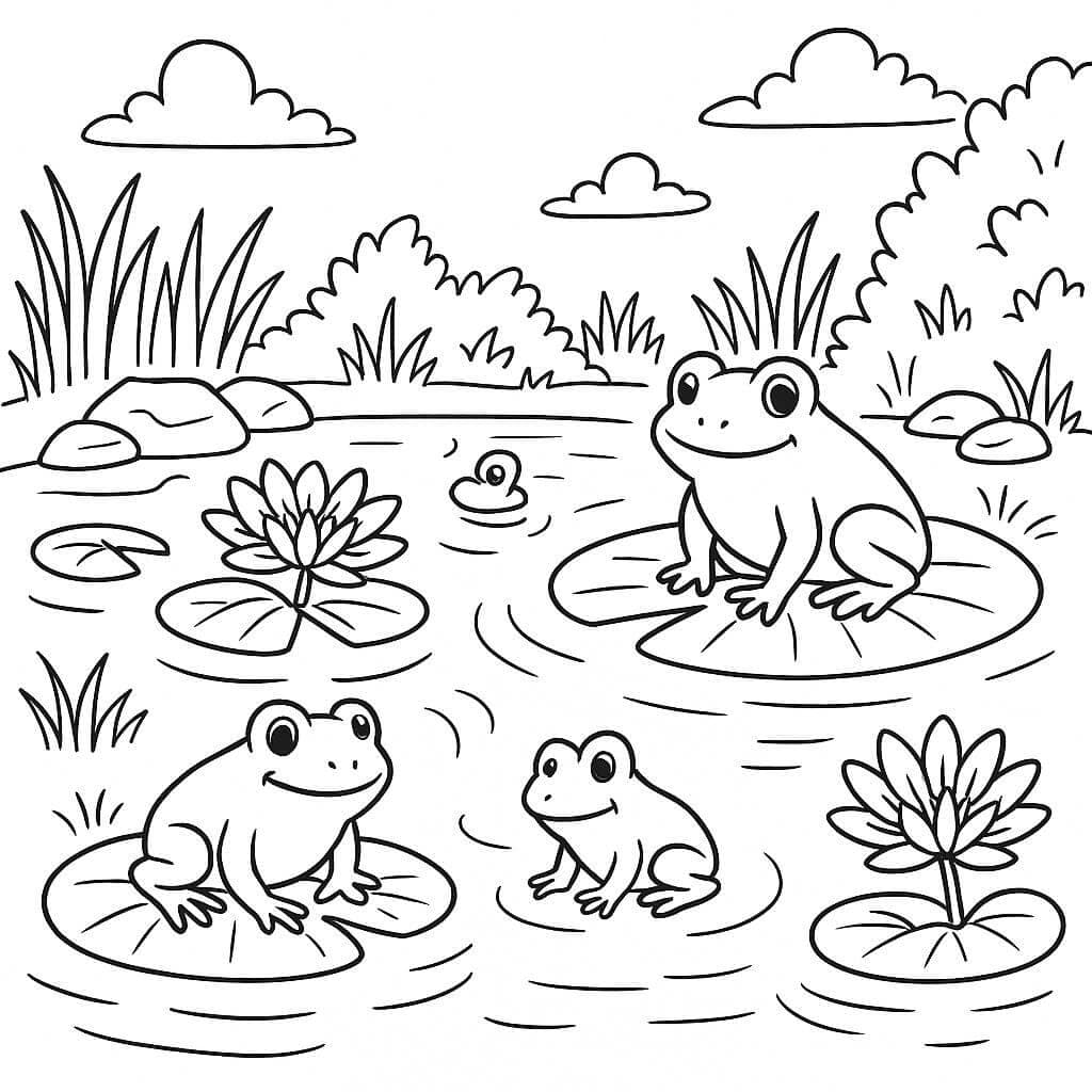 Pond with Water Lilies and Frogs Coloring Page