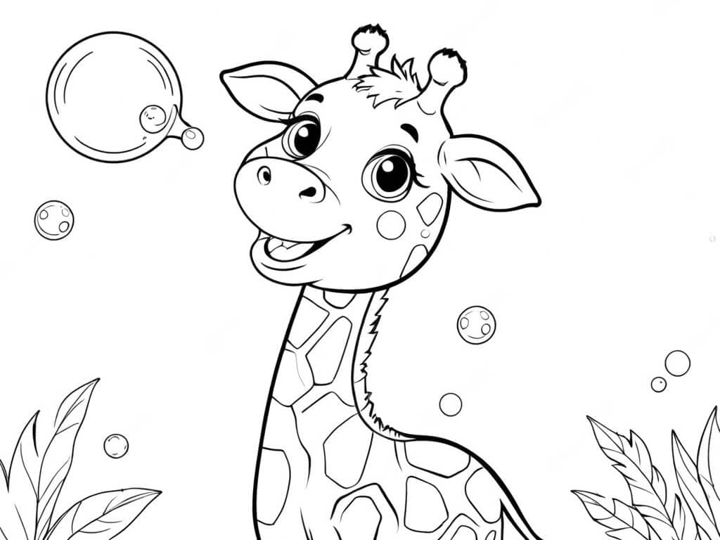 Baby giraffe with bubbles coloring page