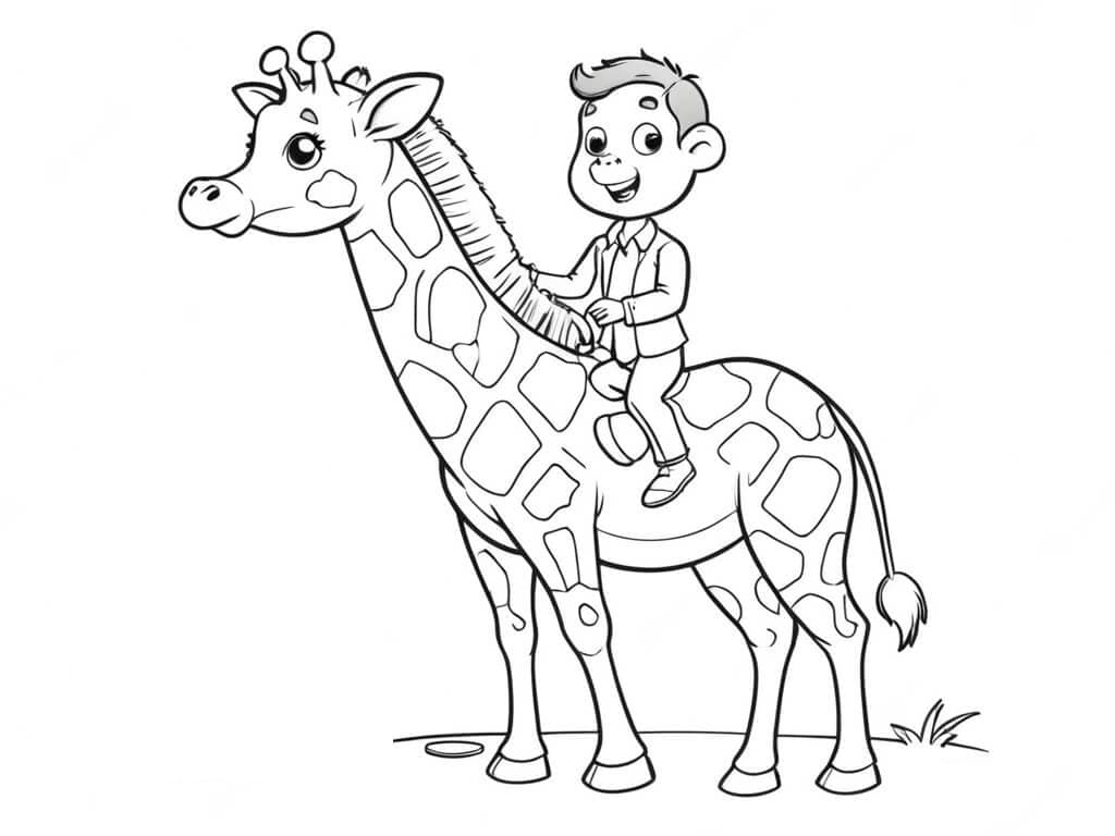 Boy riding a small giraffe coloring page