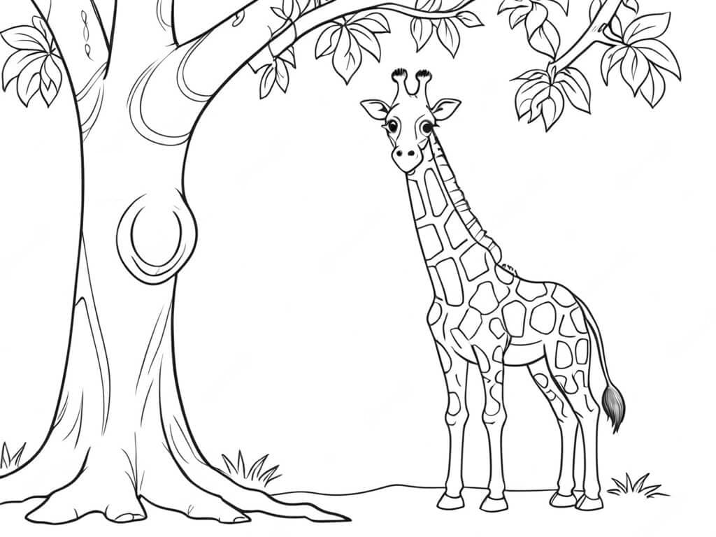 Giraffe by a tree coloring page