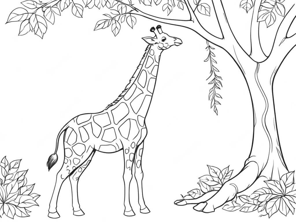 Giraffe feeding at a tree coloring page
