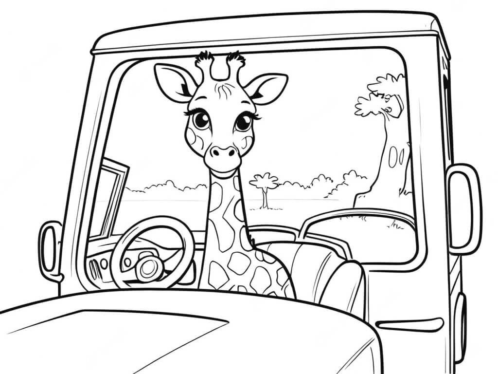 Giraffe in a safari car coloring page