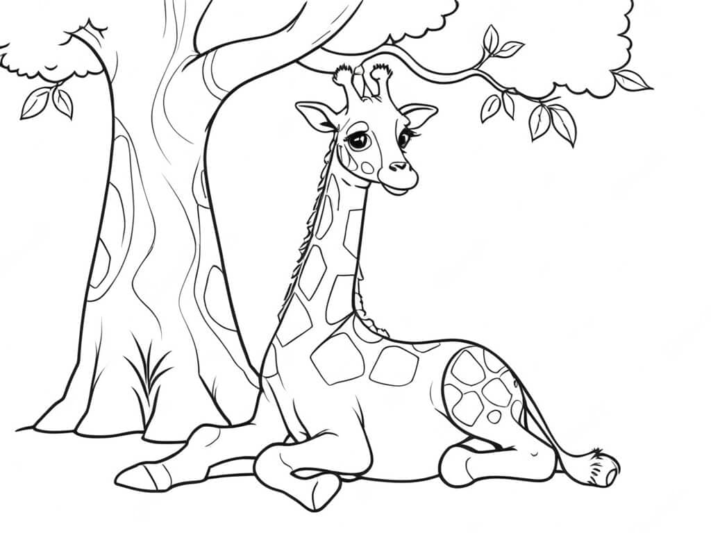 Giraffe resting under a tree coloring page