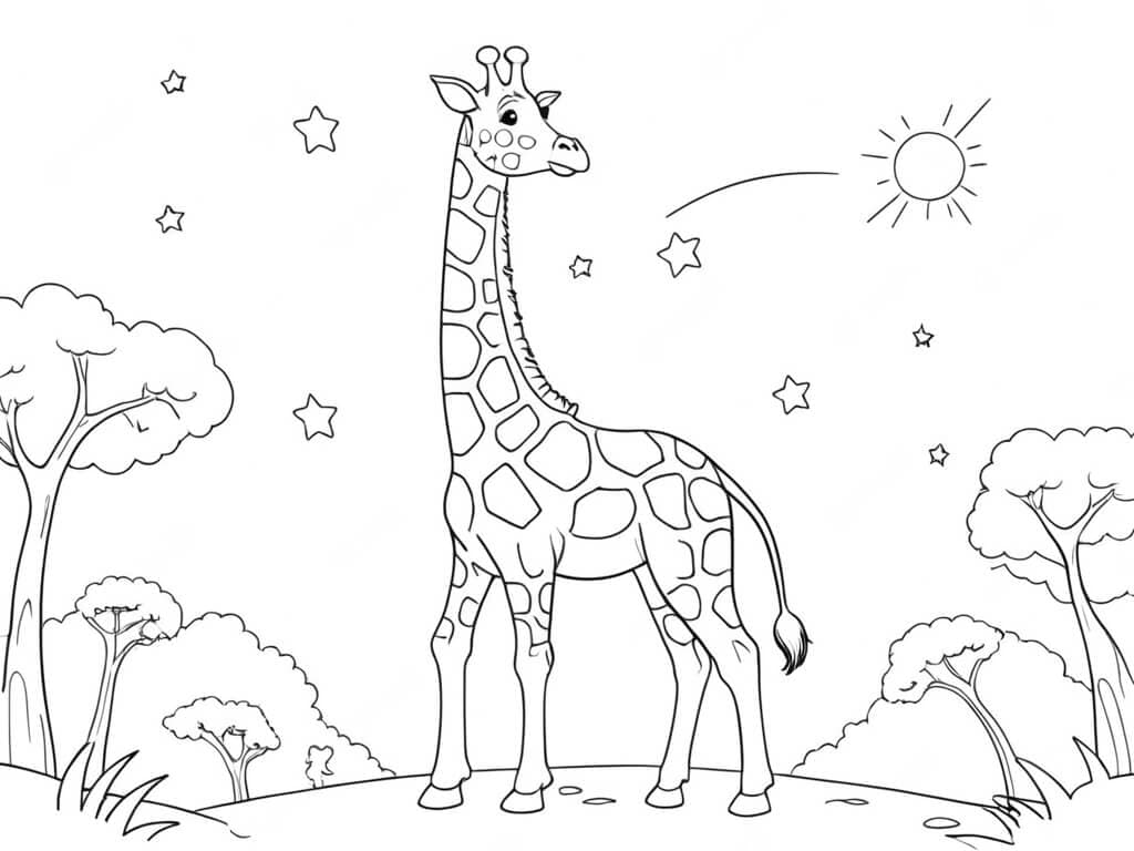Giraffe under a starry sky coloring page