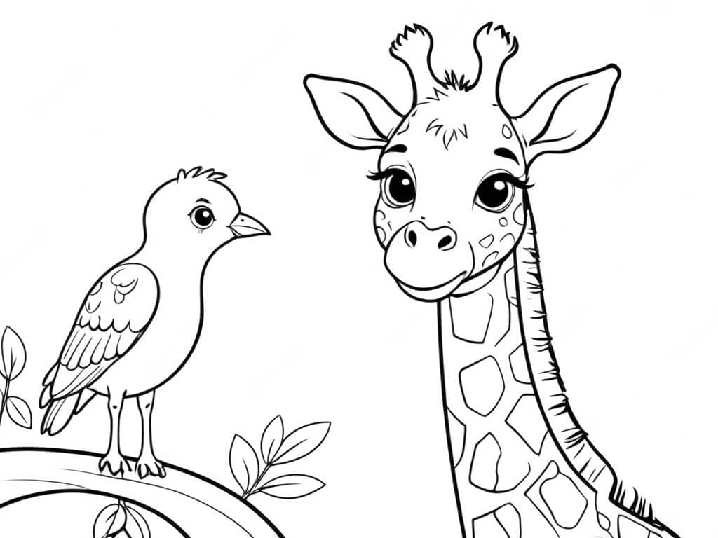 Giraffe with a bird coloring page