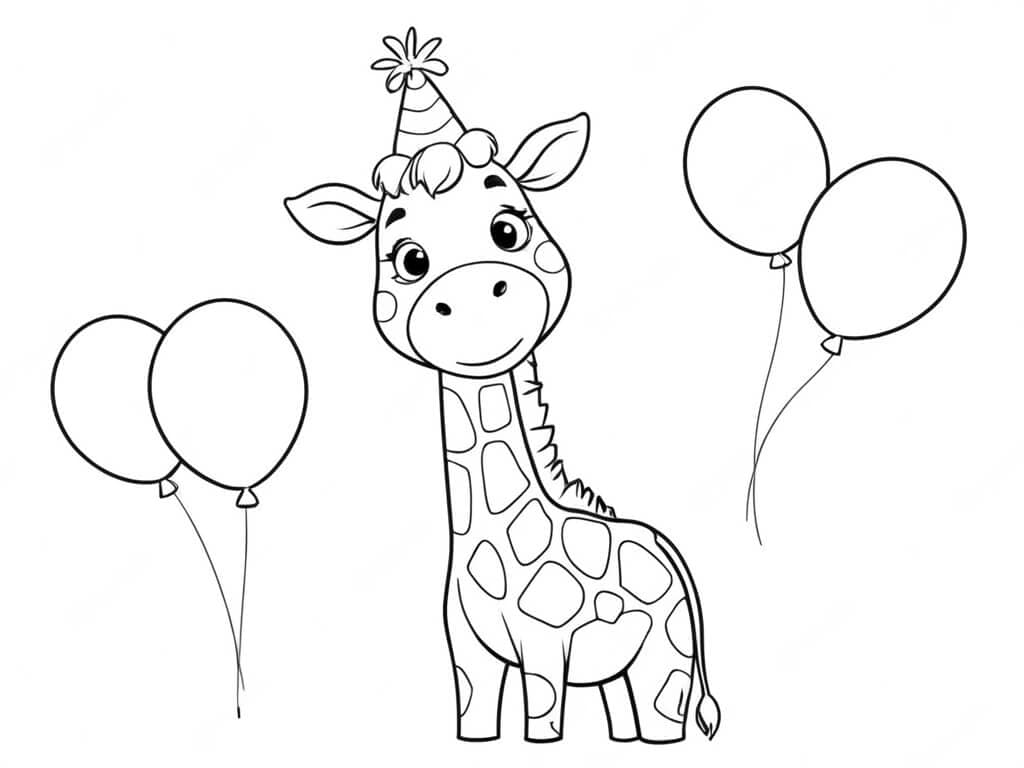Giraffe with a birthday party coloring page