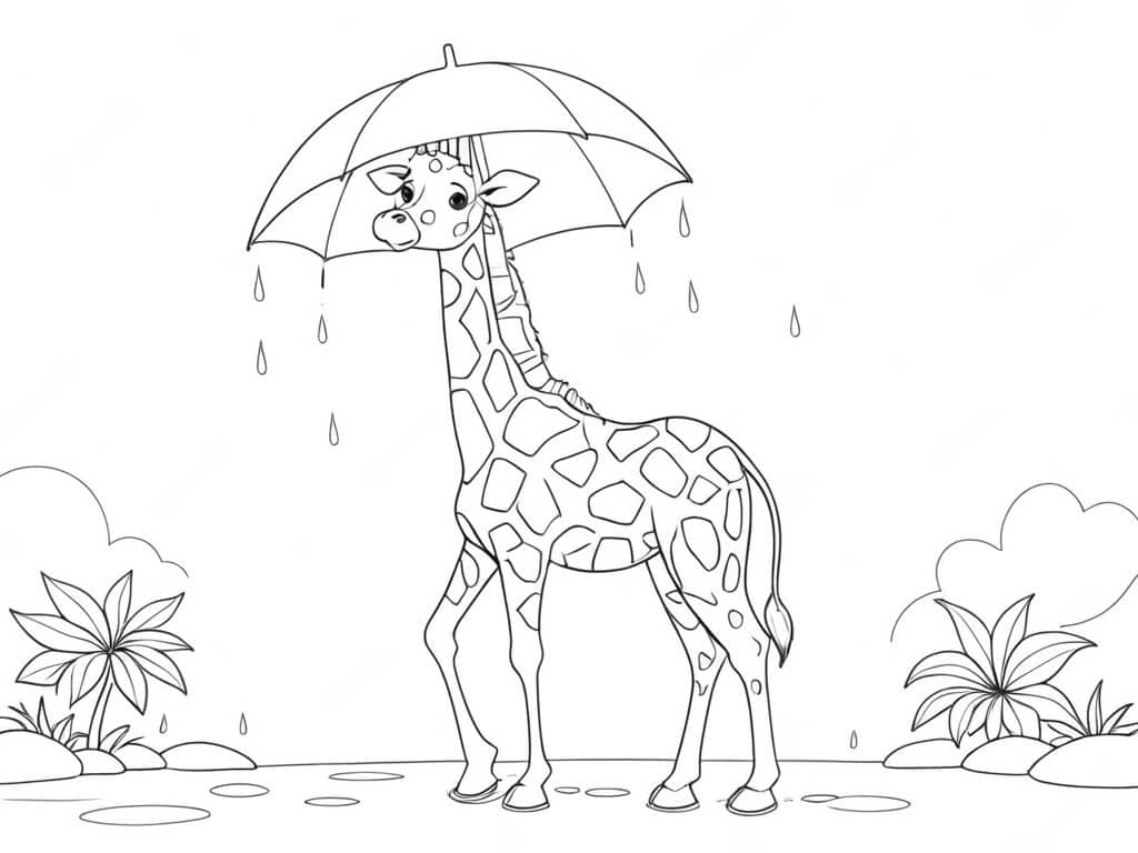 Giraffe with an umbrella coloring page