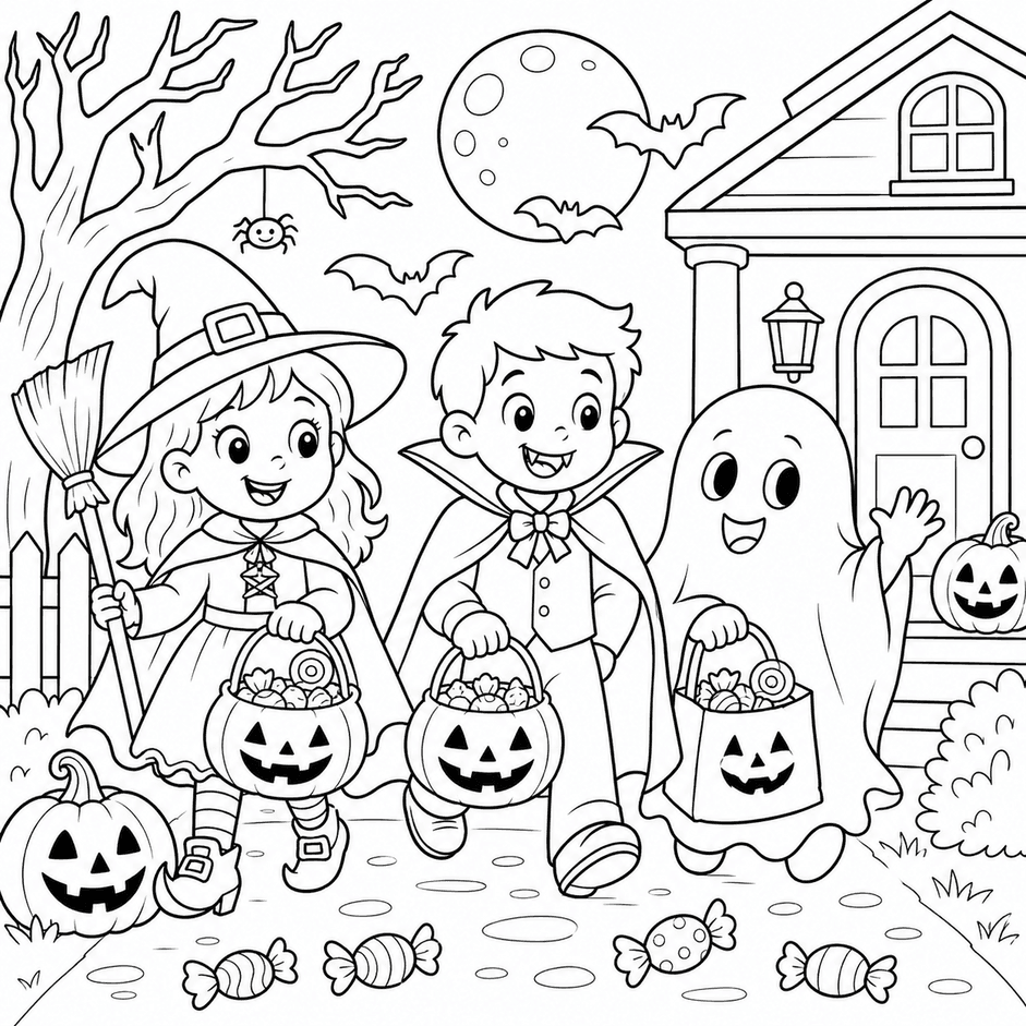 Children Celebrating Halloween Coloring Page