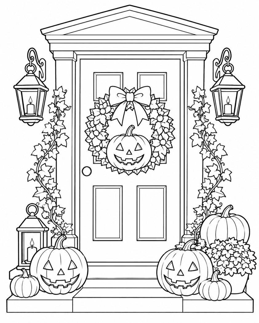 Decorated Halloween Front Door Coloring Page