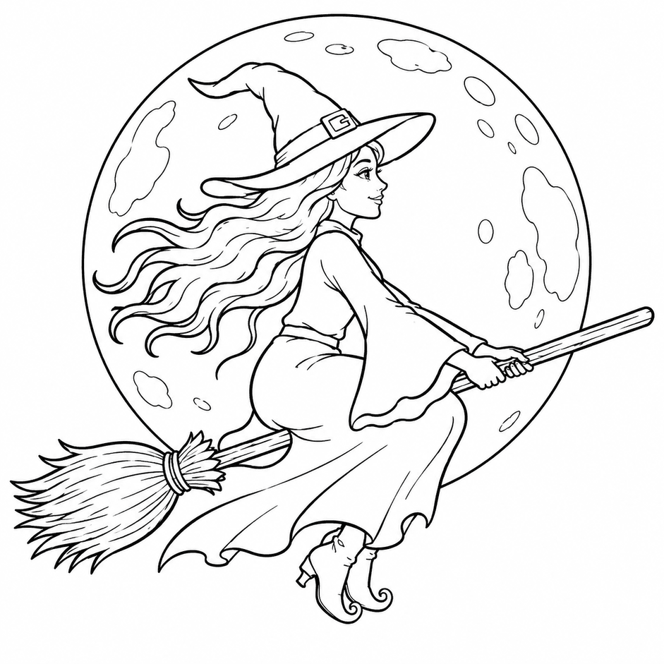 Flying Halloween Witch Coloring Page