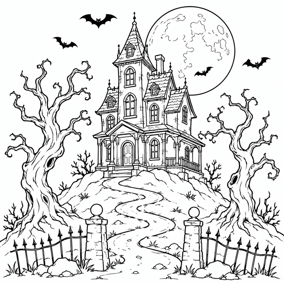 Halloween Haunted House Coloring Page