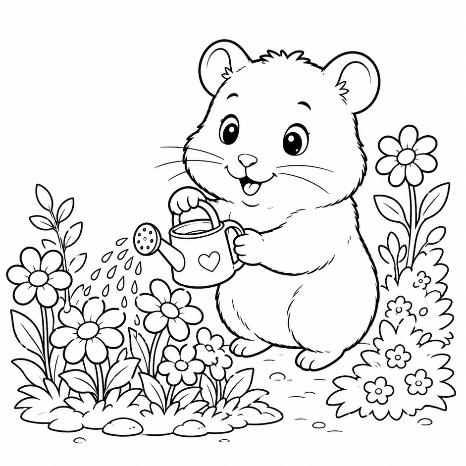 Hamster Watering Plants Coloring Pages