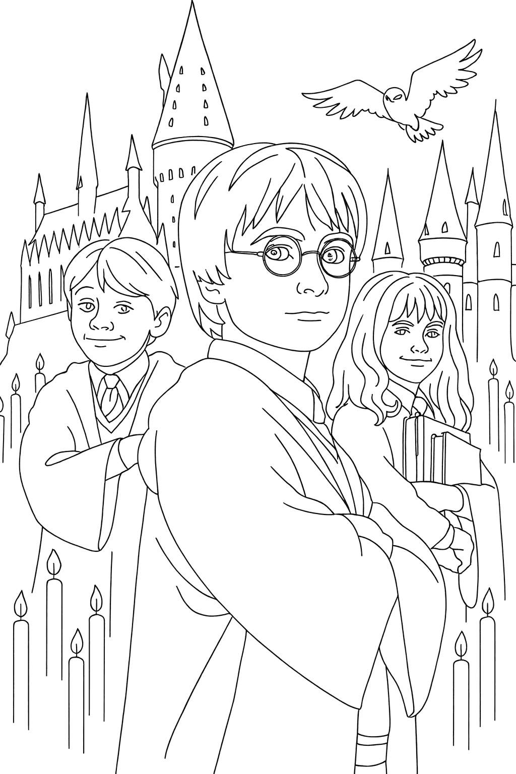 Harry Potter, Ron and Hermione Coloring Page