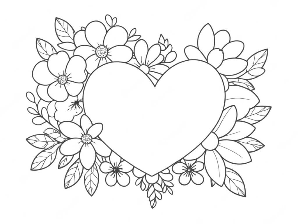 Heart and Flowers Coloring Page