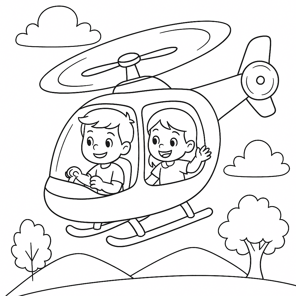 Children in a Helicopter Coloring Page