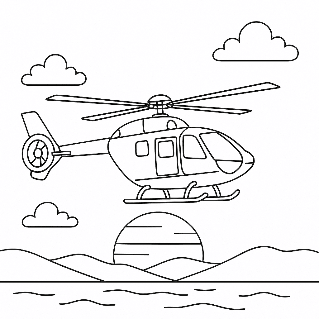 Helicopter at Sunset Coloring Page