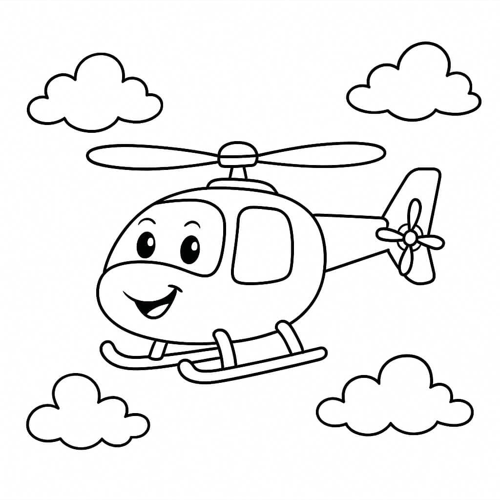 Smiling Helicopter in the Clouds Coloring Page