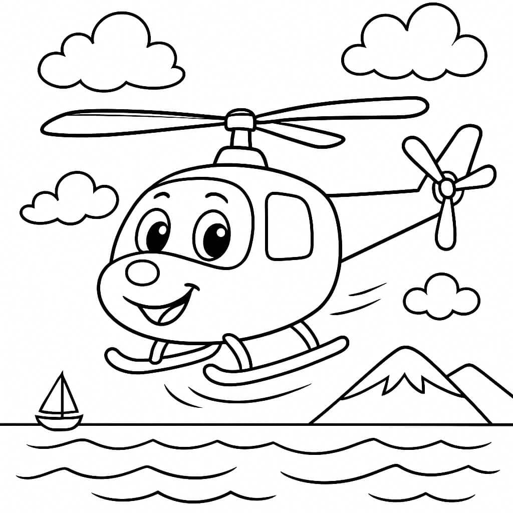 Smiling Helicopter Over the Sea Coloring Page