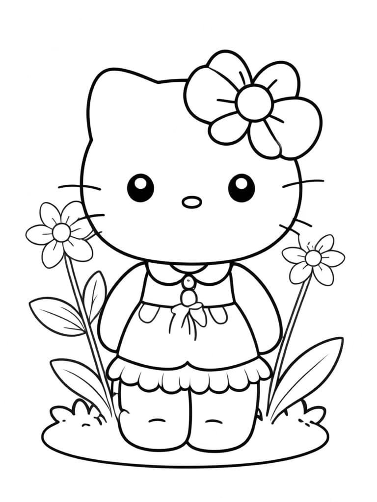 Hello Kitty Beside Flowers Coloring Page