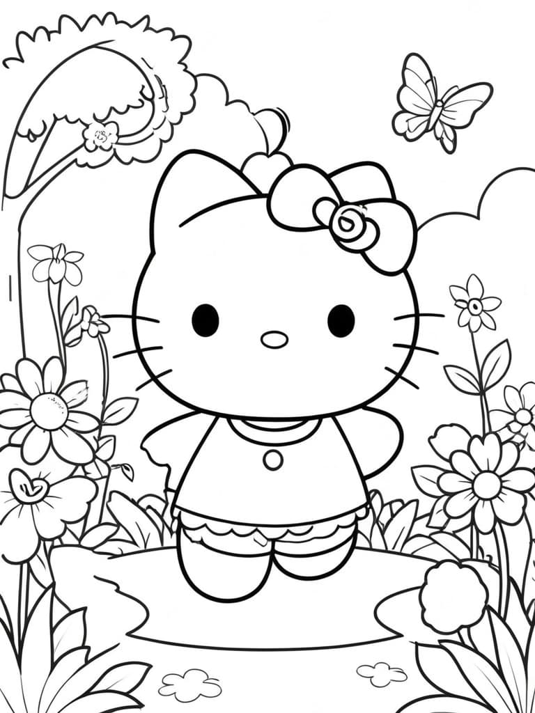 Hello Kitty in a Garden Coloring Page