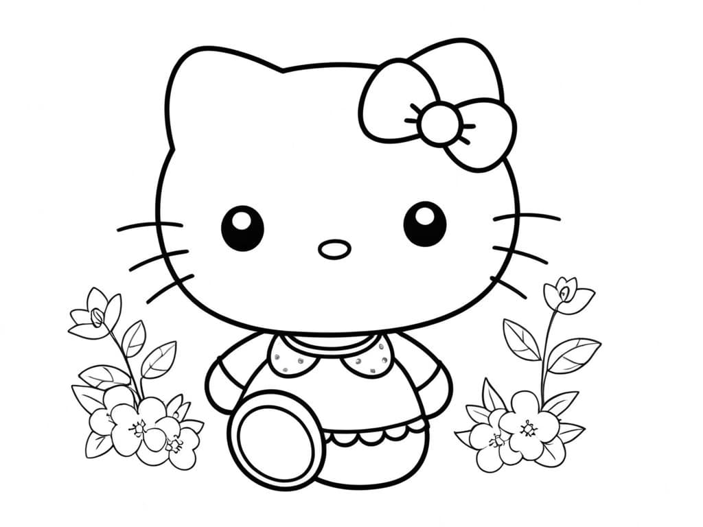 Hello Kitty with Flowers Coloring Page