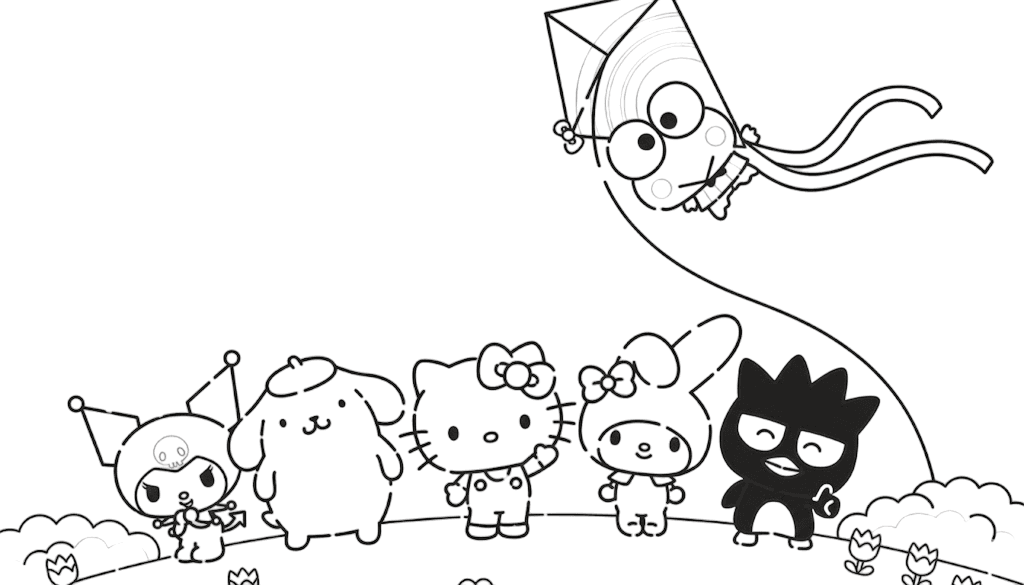 Hello Kitty with Friends in a Garden Coloring Page