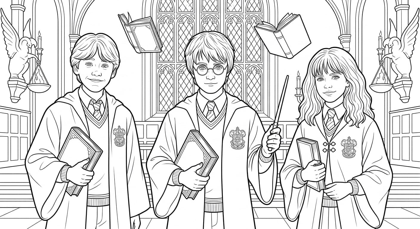Hermione, Harry Potter and Ron Coloring Page