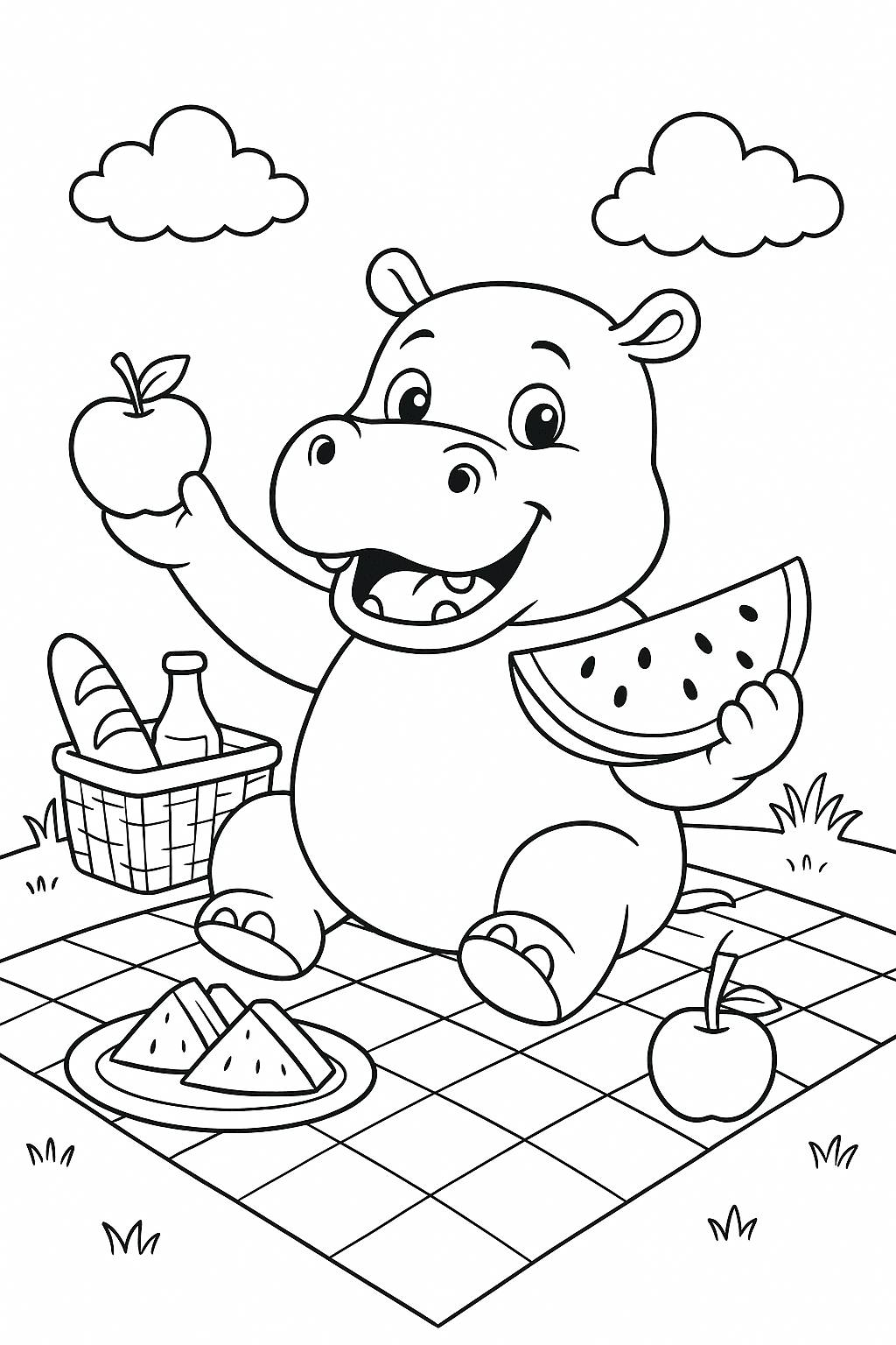 Hippo at a Picnic Coloring Page