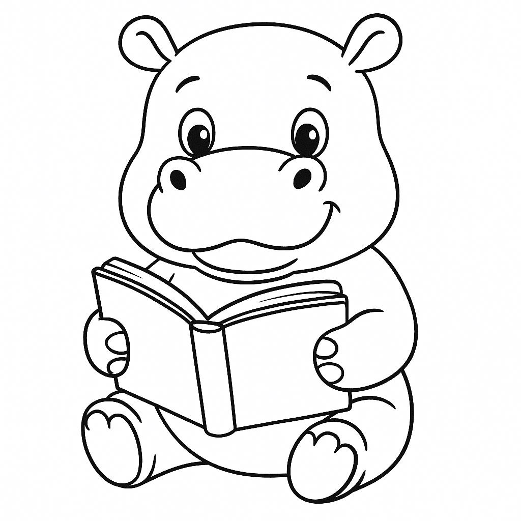 Hippo Reading a Book Coloring Page