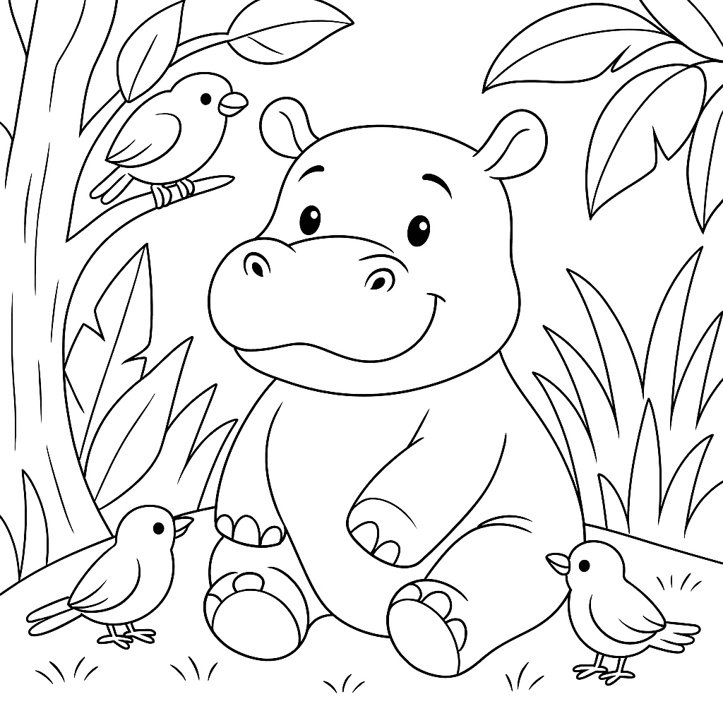Hippo with Birds Coloring Page