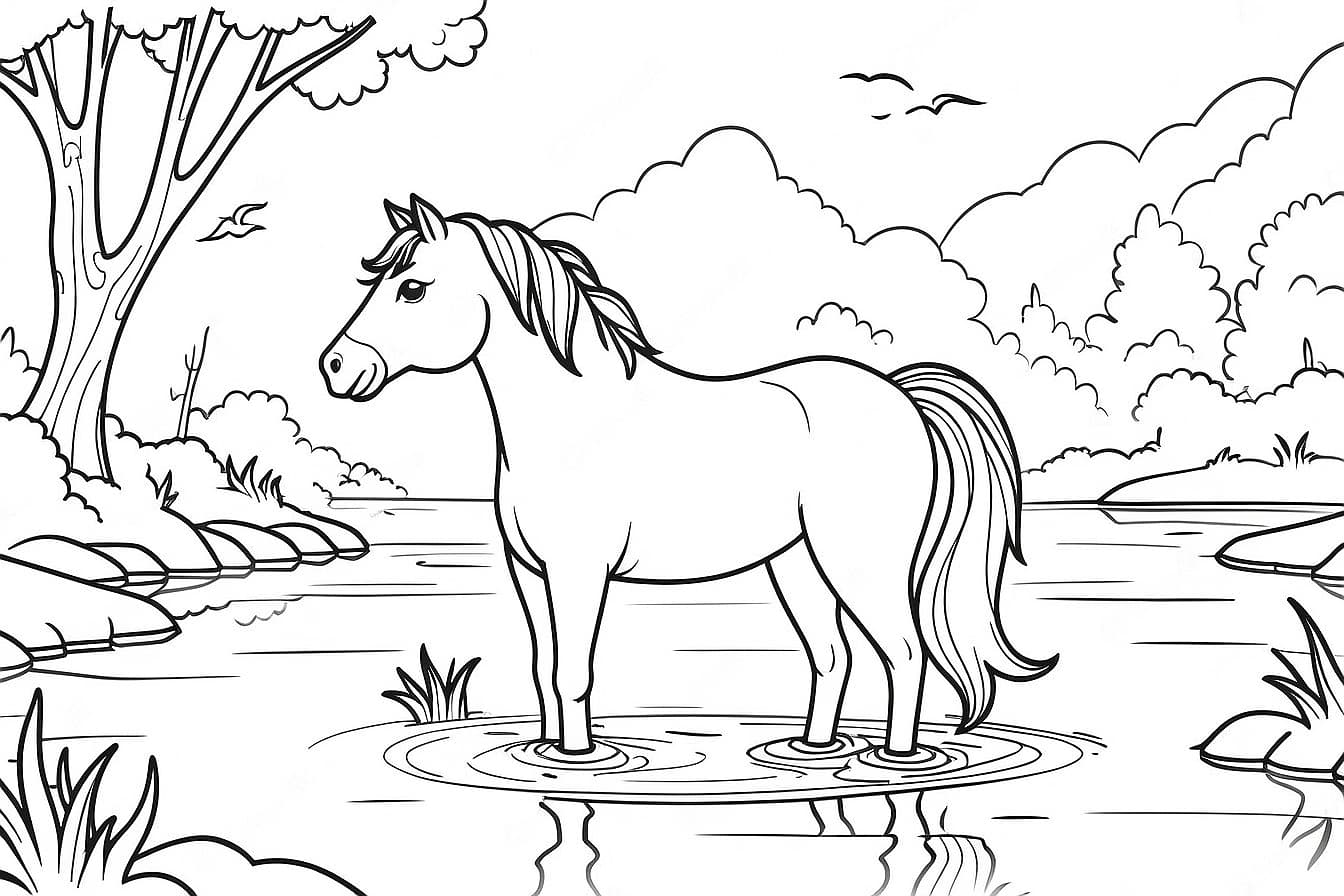 Horse in the stream coloring page