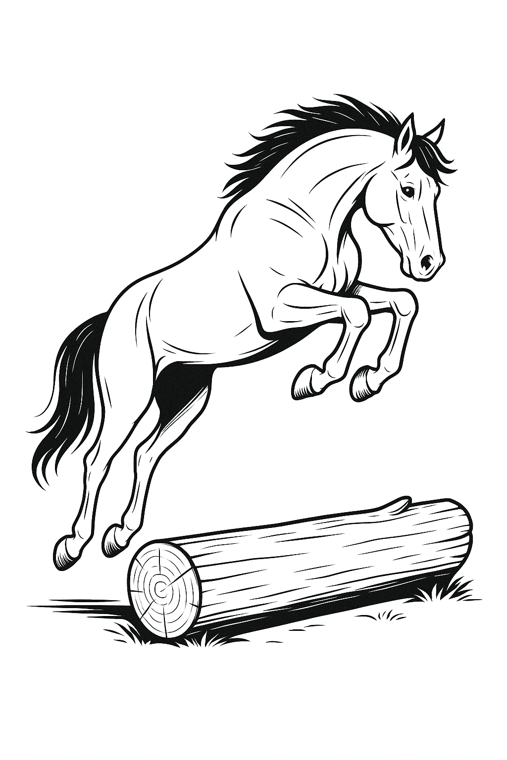 Horse jumping over a log coloring page