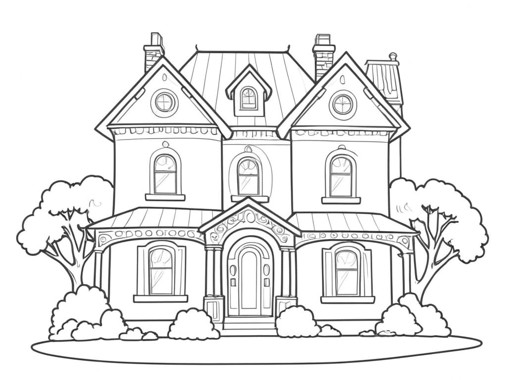 House with Trees Coloring Page