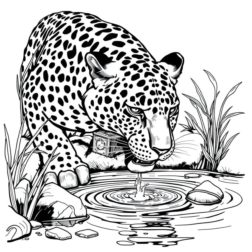 Jaguar Drinking at the River Coloring Page