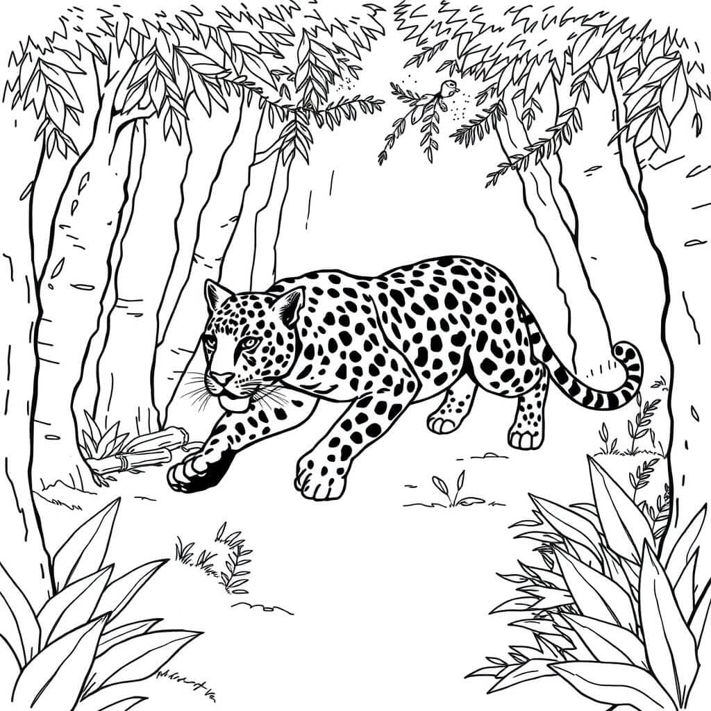 Jaguar in the Forest Coloring Page